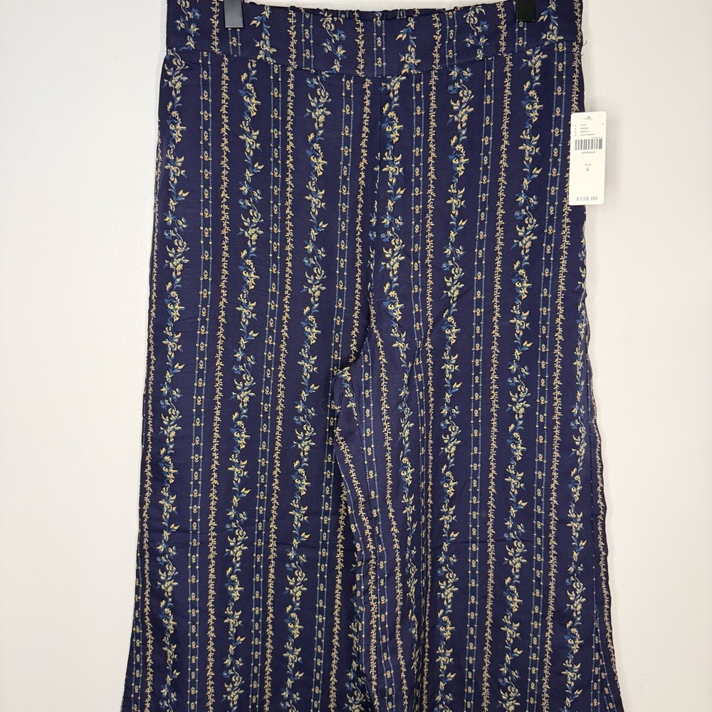 NWT Anthropologie Feather Bone Navy Boho Pants Floral Wide Leg Women's Size 6 - Picture 2 of 6